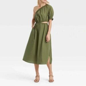 Who What Wear Olive Green One Shoulder Cutout Midi Dress